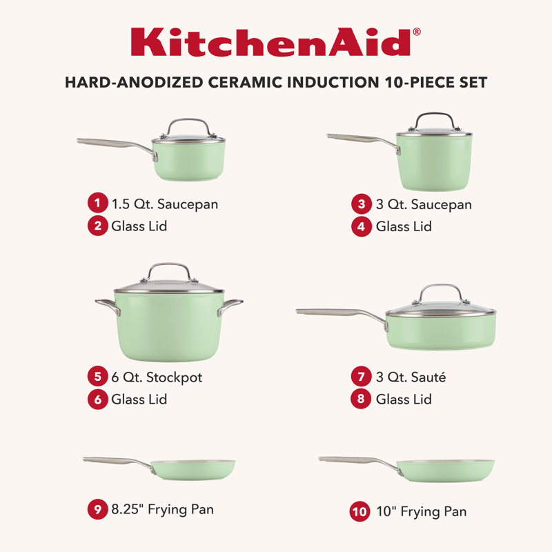 Kitchenaid Hard-Anodized Ceramic Induction Cookware Set, 10 Piece, Agave, Green