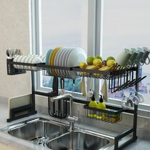  SAYZH Over The Sink Dish Drying Rack - 2 Tier Adjustable  (26.8 to 34.6) Metal Dish Drainer, Large Kitchen Counter Dish Rack  Organizer with Multifunctional Baskets, Black
