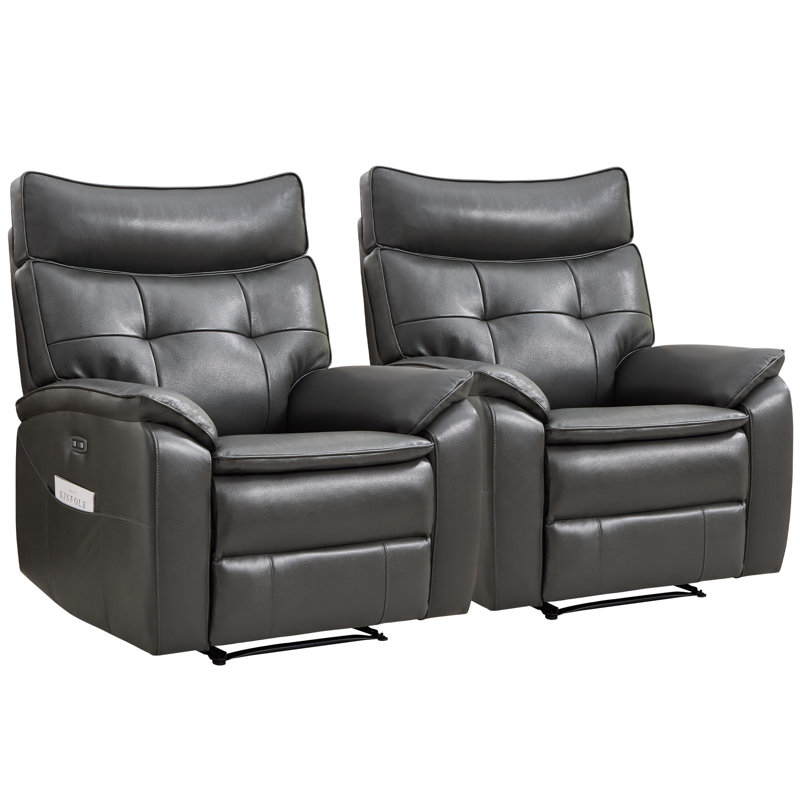 35.8" Wide Sleek Modern Top Genuine Leather Upholstered Power Recliner With Side Pocket & USB Port (Set Of 2)