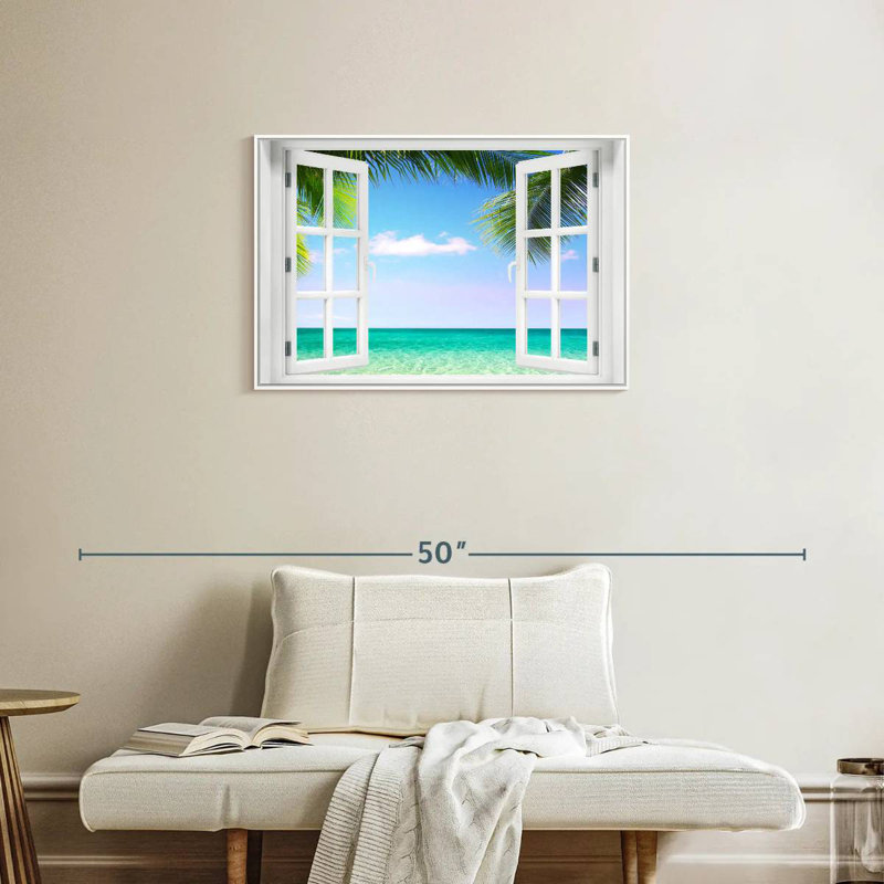 Fenêtre sur la plage turquoise, Cadre flottant blanc, 46 po x 31 po
