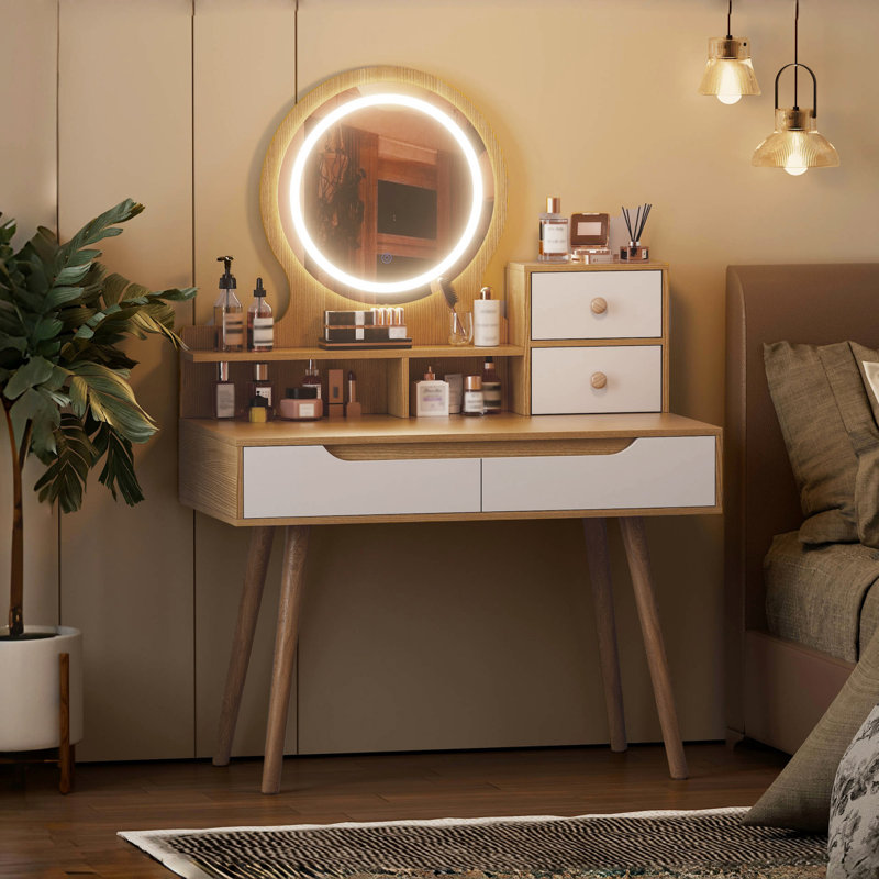 Makeup Vanity Desk With 3 Adjustable Lighted Mirror With Solid Wood Table Feet , Dressing Table Set With 4 Drawers And 3 Open Shelves, Makeup Vanity