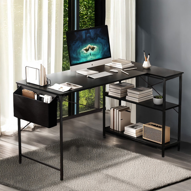 Rectangle Computer Desk with Hutch, Black, Black