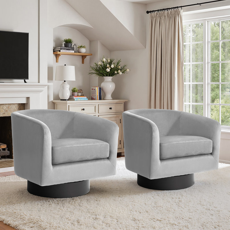 Everett Applewold Upholstered Gray Velvet Swivel Barrel Chair with Solid Wood Base, Gray