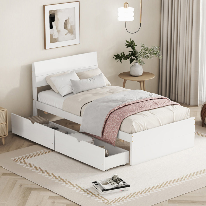 Modern Twin Bed Frame With 2 Drawers High Gloss Headboard and Footboard,Platform Bed, White