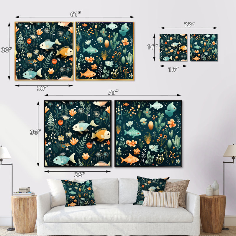 «Blue and Green Under The Sea Exploration I», ensemble de 2 collages carrés de style nautique et côtier, Cadre flottant doré