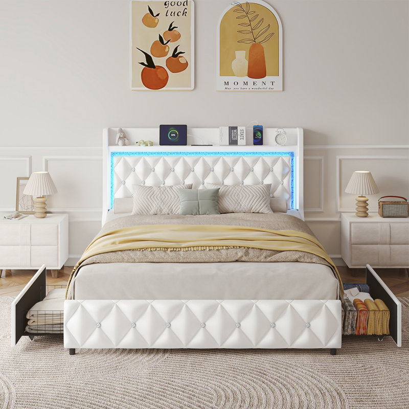 Floating Full Bed Frame With LED Light, Upholstered PU Leather Platform Full Bed With Charging Station & Wingback, Diamond Tufted Storage Headboard & Footboard, No Box Spring Needed