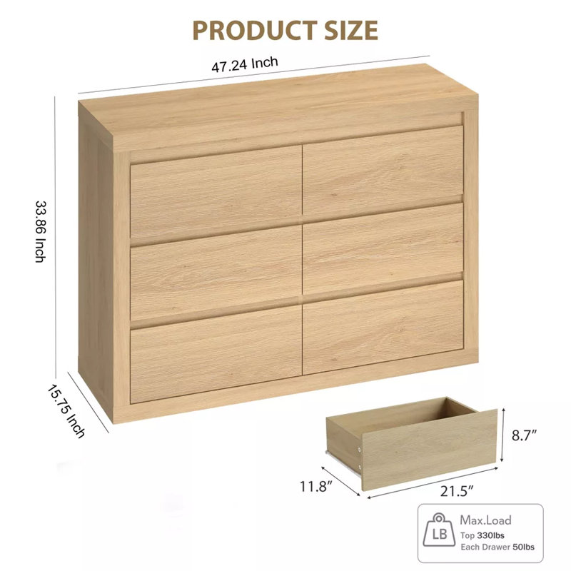 6 Drawer Modern Wooden Dresser with Handleless Design, Wide Storage Chest for Bedroom Living Room Entryway, Natural