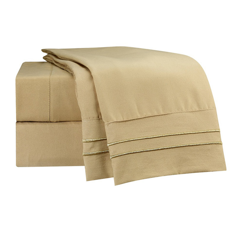 Ensemble de draps à rayures 1500 fils, Chameau doré, Ensemble de draps pour lit simple + drap-housse + 