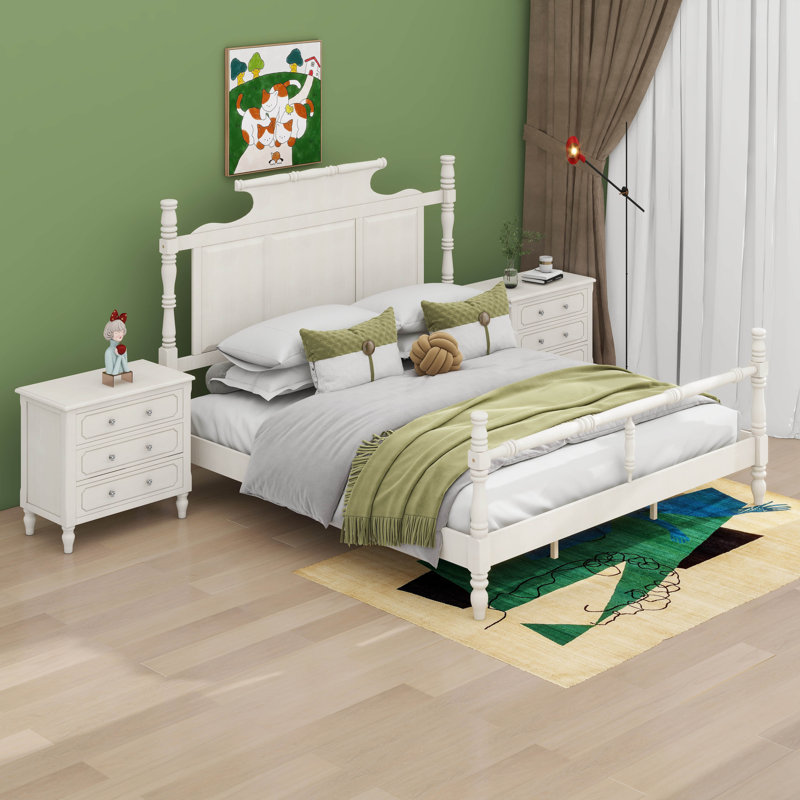 Ensemble de lit plateforme à baldaquin avec 2 tables de chevet et 3 pièces, Blanc rétro, Très grand