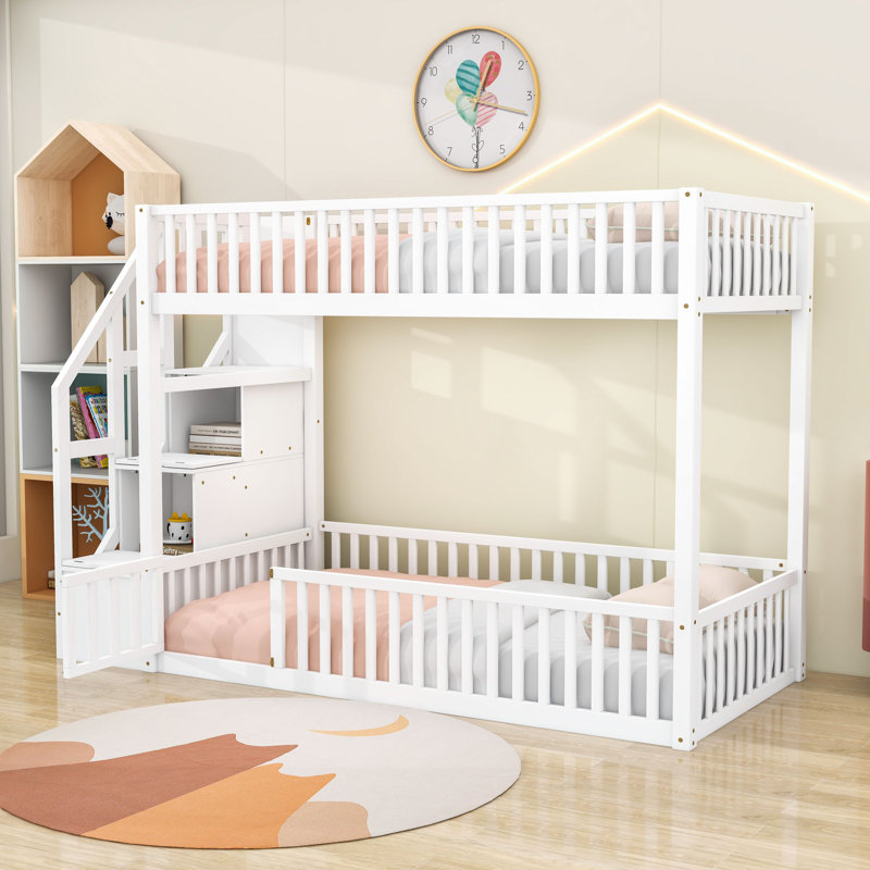 Lit superposé avec échelle de rangement et garde-corps, Blanc