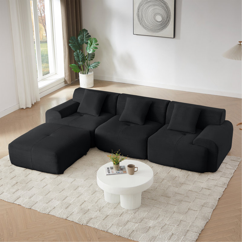 Canapé modulaire en L 113 po pour salon modulaire de 113 po, revêtement en velours côtelé noir, canapé surdimensionné à 3 places avec siège profond et repose-pieds mobile - sans assemblage
