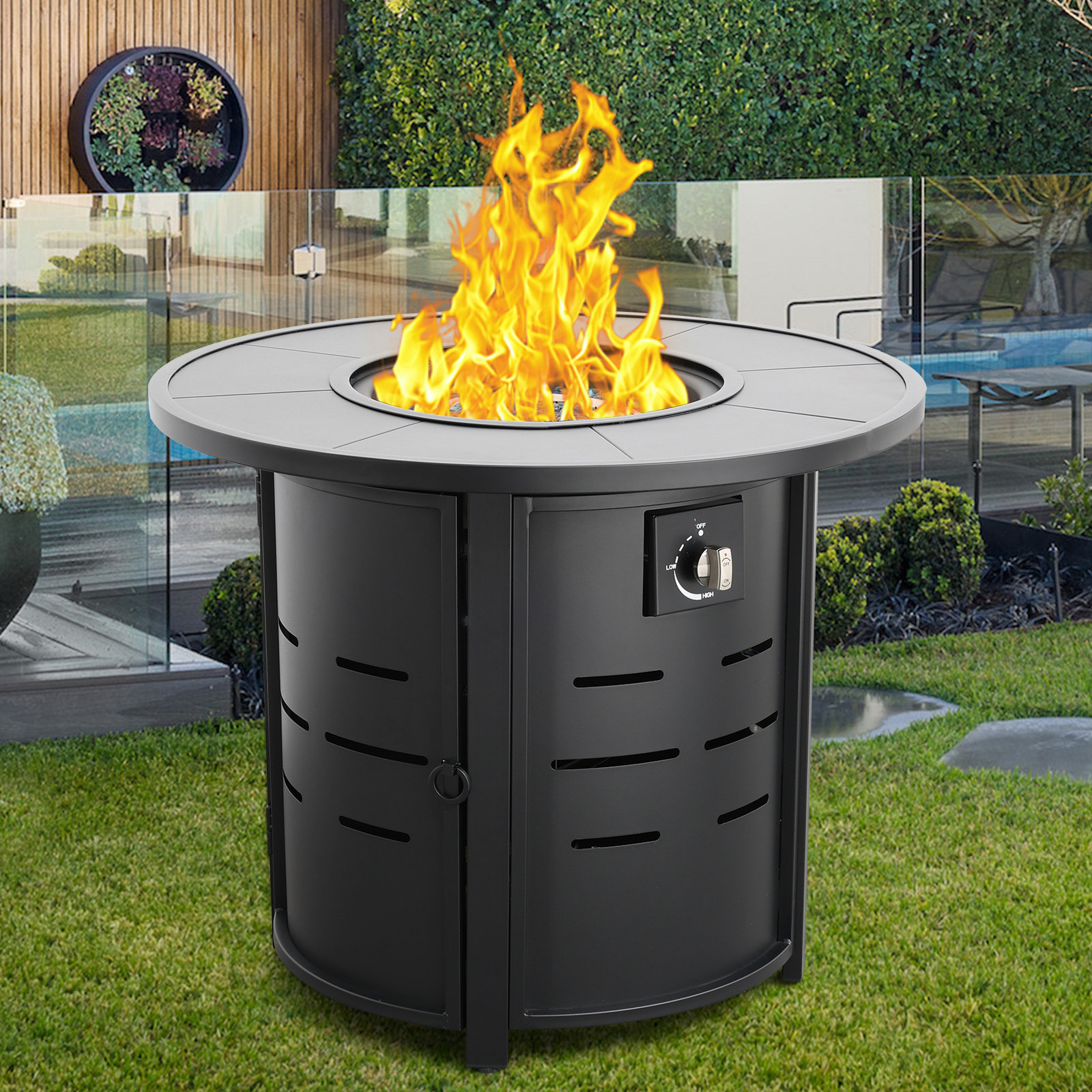 Latitude Run® 30" W x 25" H Round Outdoor Propane Fire Pit Table 50,000 ...