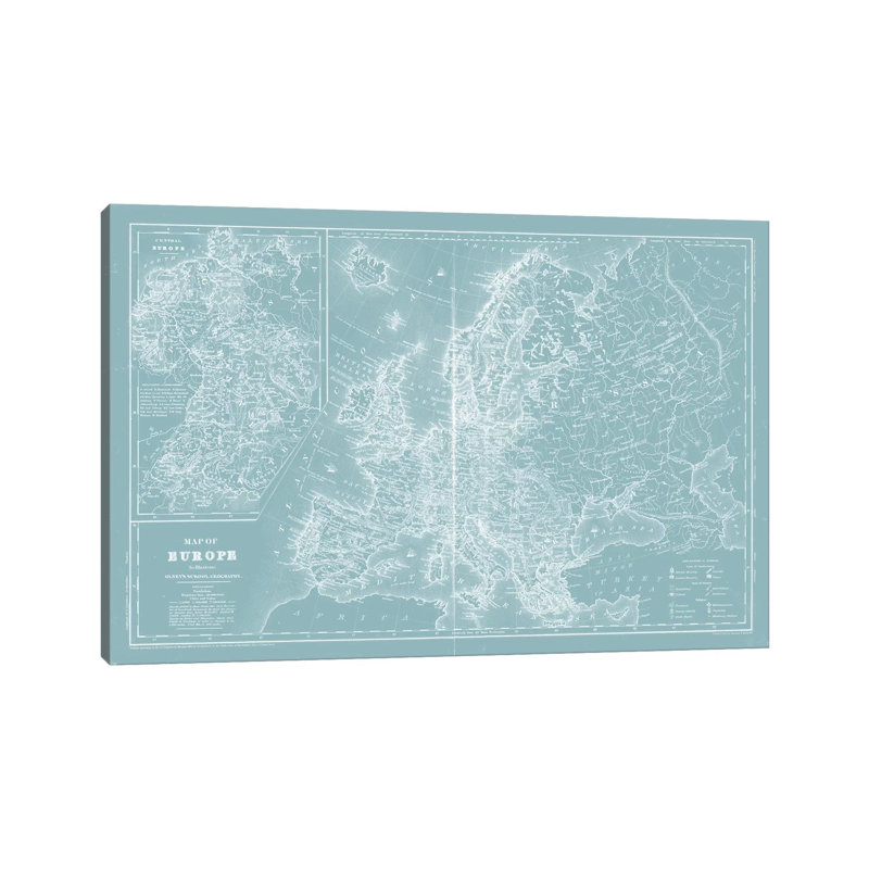 Map Of Europe On Aqua by Mitchell - Wrapped Canvas Gallery-Wrapped Canvas Giclée, 20.32 cm H x 30.48 cm W