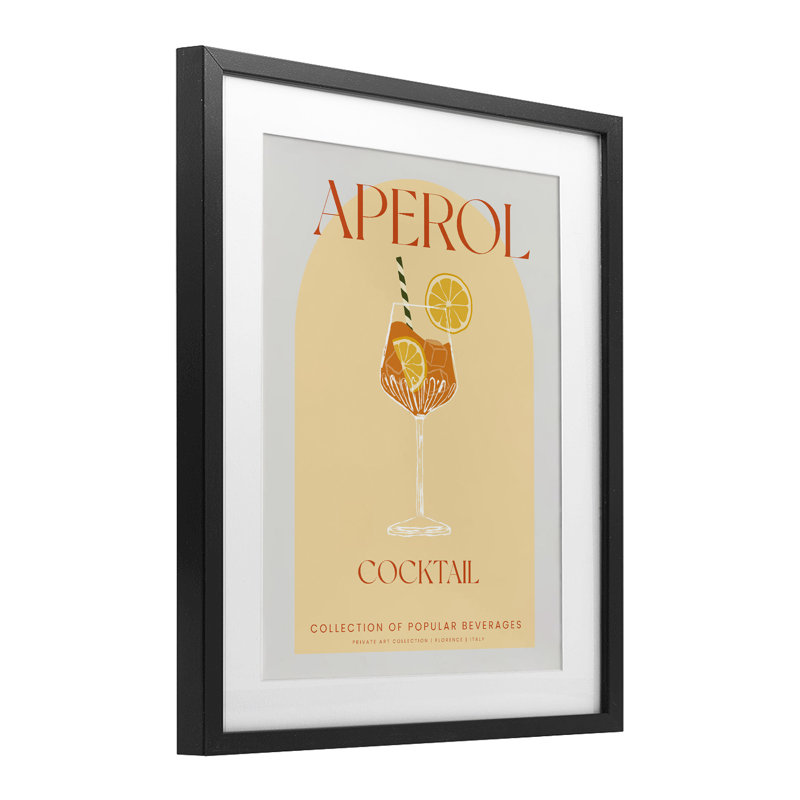 Élégant cocktail rétro Aperol encadré sous verre, design par Lil 'Rue, H 16 po x l 13 po, Cadre noir minuit