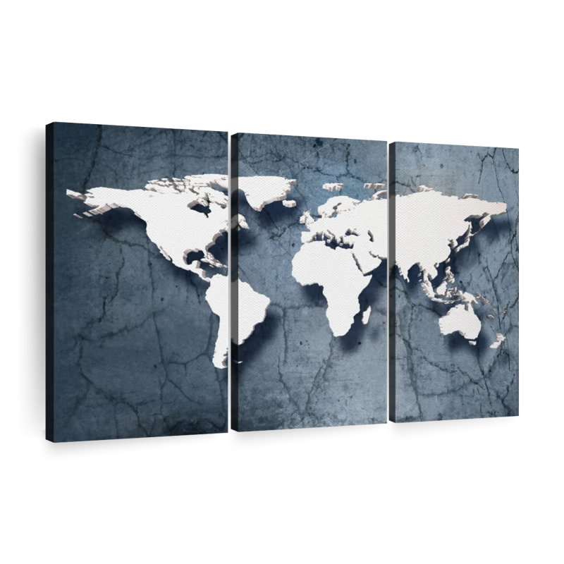 Carte du monde en pierre - ensemble de 3 toiles tendues, H 24 po x l 38 po x 1,25 po
