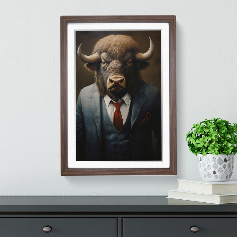 Buffalo In A Suit Painting - Single Picture Frame Print on Wood, Walnut Framed, 34cm H x 25cm W x 2cm D