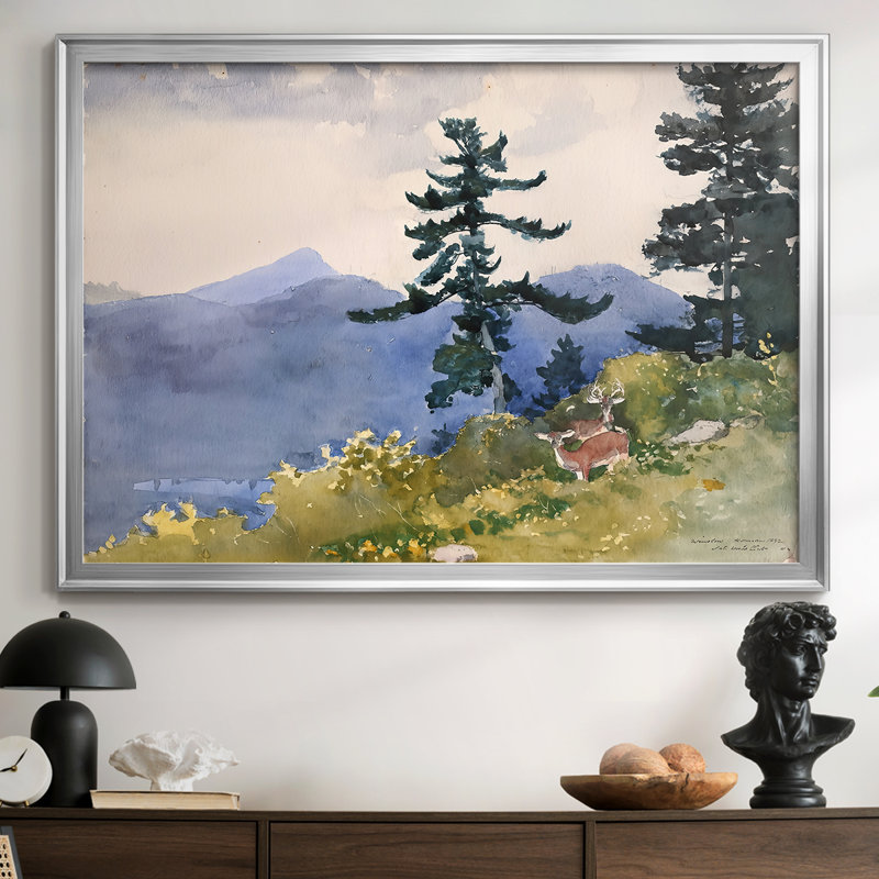 «Deer in the Adirondacks-Winslow Homer», toile tendue avec châssis - 1889, 26,5 x 36,5, Toile avec cadre, Argent