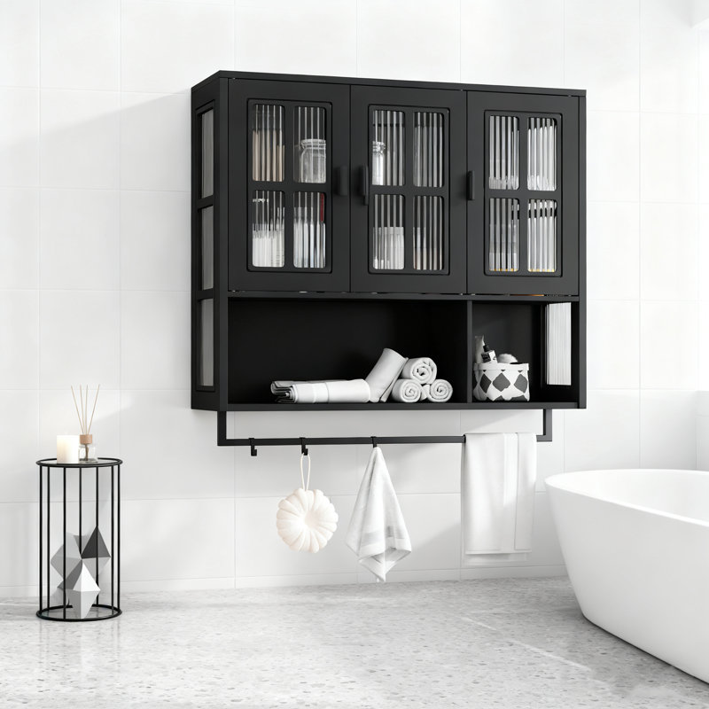 Armoire murale noire en bois à 3 portes avec rangement ouvert / caché et barre à serviettes