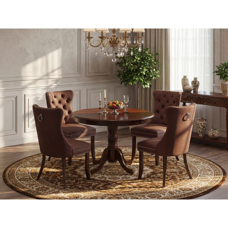 Ensemble de 5 pièces avec table de cuisine ronde avec piédestal et 4 chaises Parson, acajou, Brun
