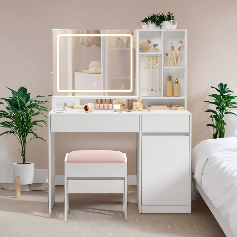 43.3"W Chelly Vanity Desk With Mirror And Lights,  charging, 43.3"