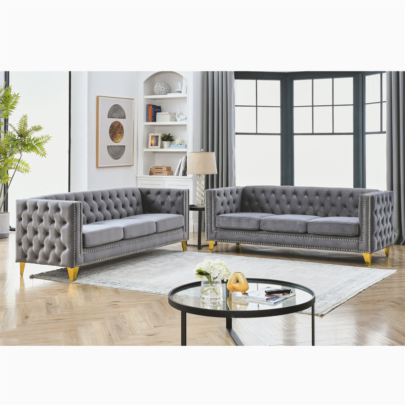 Ensemble de canapé en velours capitonné Tommy avec accoudoirs carrés et pieds en métal, Gris