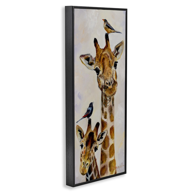 Art giclée girafe et oiseaux perchés par Karen Weber, Giclée encadrée noir minuit, H 30 po x l 13 po