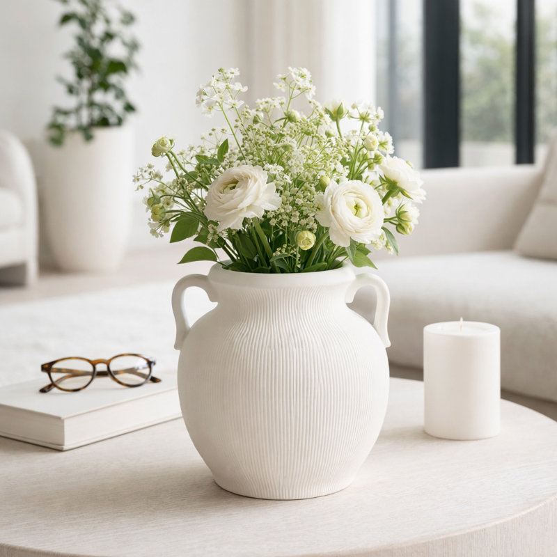 Stoneware Table Vase, 10" H x 9" W x 8" D, White