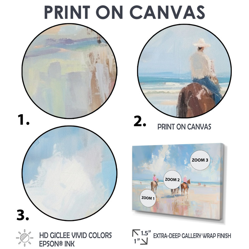 Surfside Beach, Texas Cowboys à cheval - décoration murale de cow-filles, Toile tendue, H 40 po x l 60 po x P 1,5 po