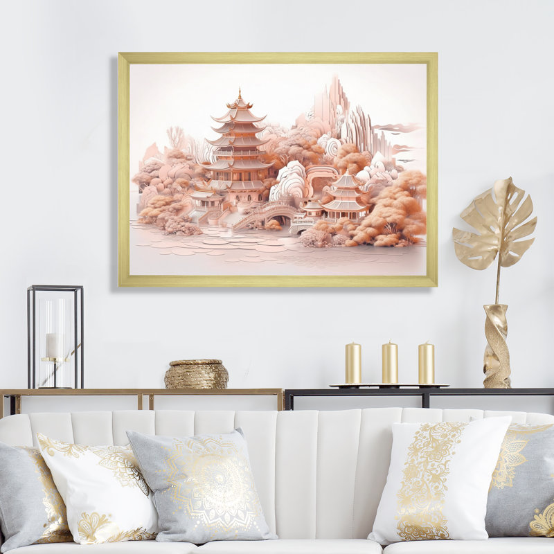 Asian Mountain And Lake Illustration I, reproduction d'art sur toile, Encadrement doré, H 30 po x l 40 po x P 1,5 po
