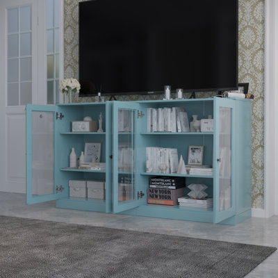 Meuble télé 100% bois massif, console de 64 po de largeur avec portes en verre et rangement