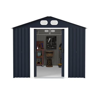Abri de jardin en métal gris foncé, 3,4 m x 2,2 m, avec éléments en bois.