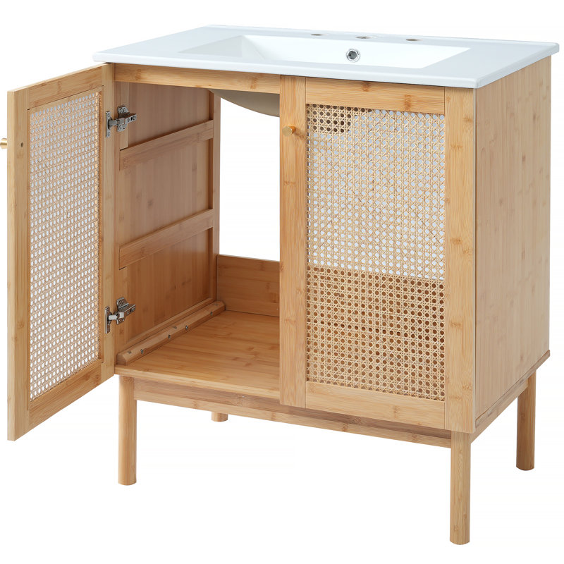 Meuble-lavabo de 30 pouces fabriqué à partir de matériaux naturels, avec des portes en rotin faites à la main et des mécanismes de fermeture en douceur