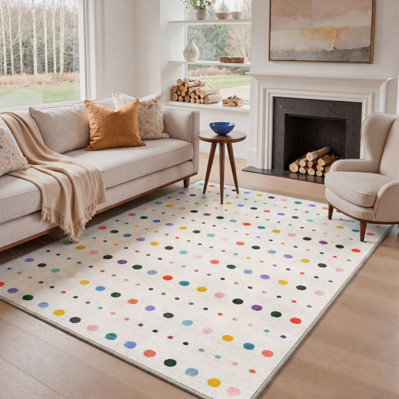 Tapis blanc / bleu à pois lavable à la machine avec envers antidérapant, Rectangle 9' x 12'
