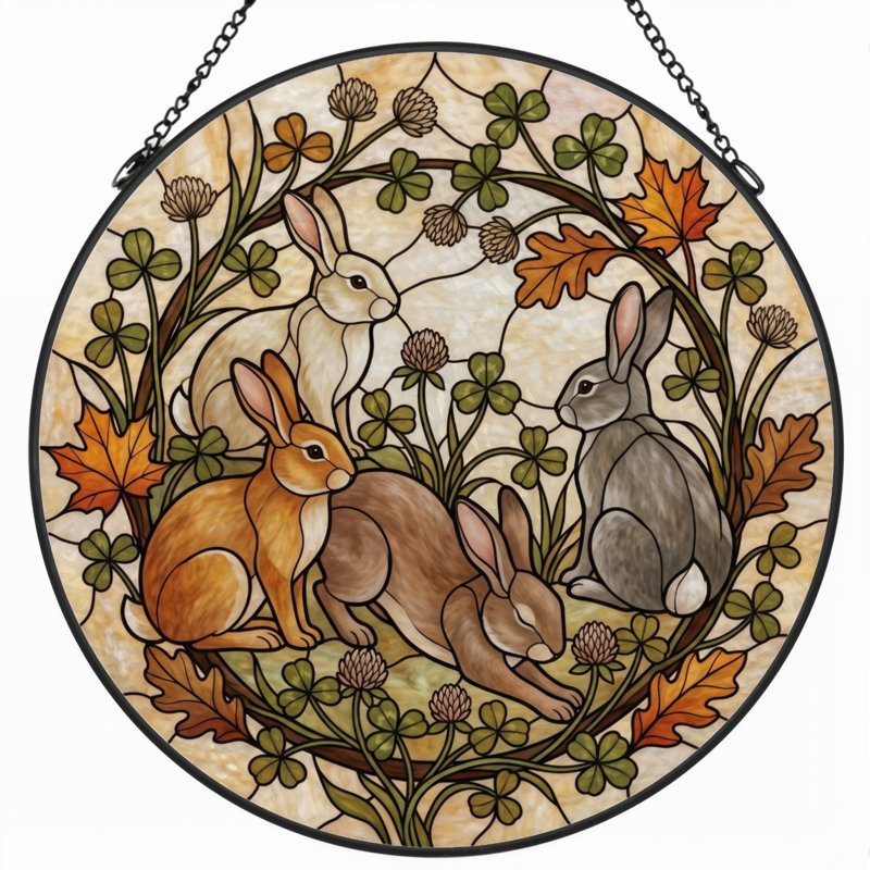 Rabbit Wreath Stained Glass Window Panel，7.8H, 7.8"H
