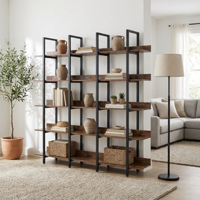 Five-Tier Open Industrial Style Bookcase with Metal Frame and Wood Shelves for Home and Office Use