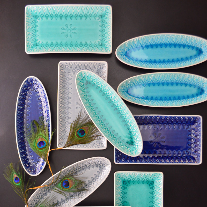 Gray Ceramic Peacock Rectangular Serving Platter