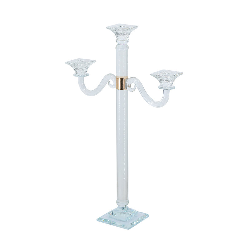 Porte-bougie 15 x 4,5 x 24,5 po à 3 branches en verre transparent avec accent doré métallique