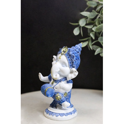 Figurine de dieu éléphant bleu et blanc dansant Ganesha avec tambour Mridangam