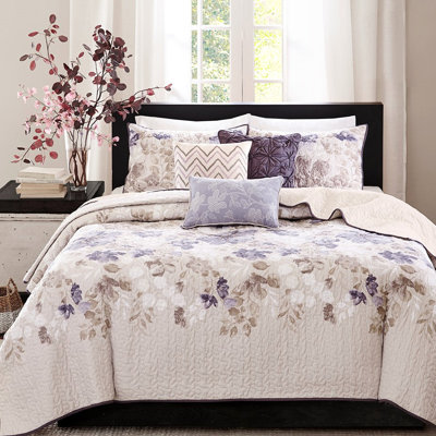 Full/queen Size 6 Piece Quilt , Taupe, Watercolor Floral Decoration, Reversible Microfiber, Comfortable And Breathable Bedding Taupe With Throw Pillows, Full/queen, , Microfiber Quilt, Luxurious