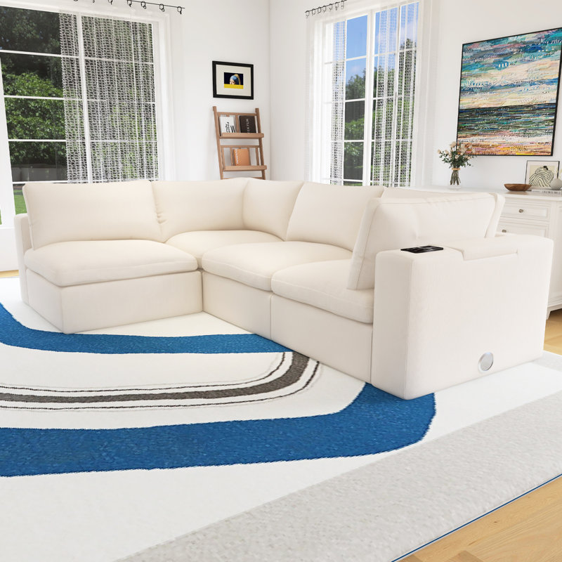Upholstered Modular Sofa With With Storage Space, Beige Cotton