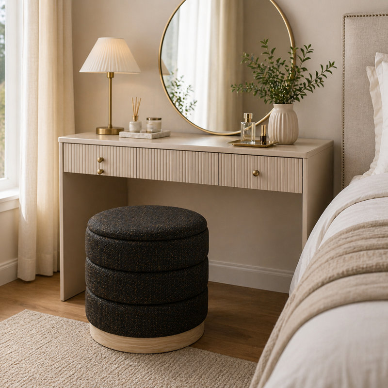 Stylish Linen Cylinder Storage Ottoman, Chocolate