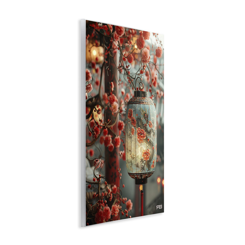 «Florals with Asian Motif», art mural sur bois par Roozbeh Bahramali, H 19 po x l 13 po