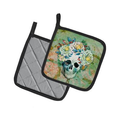 Fiesta Skull & Vine Oven Mitt/Pot Holder - Set of 2 Black/White Multi