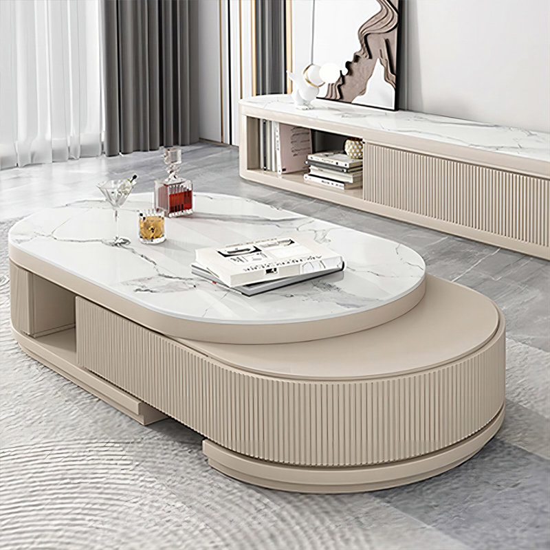 Table basse ovale en bois manufacturé en pierre frittée blanc crème