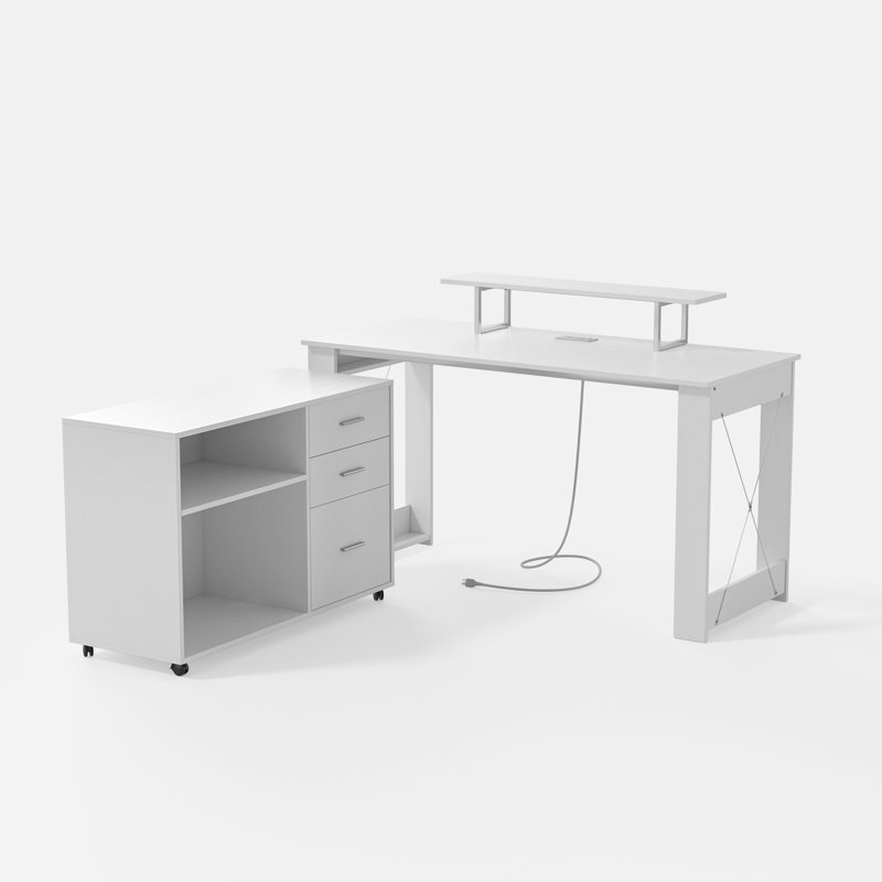 Djerf 55" L-Shaped Wood Computer Desk Multi-Functional Desk with Storage Drawers and Bottom Pulleys