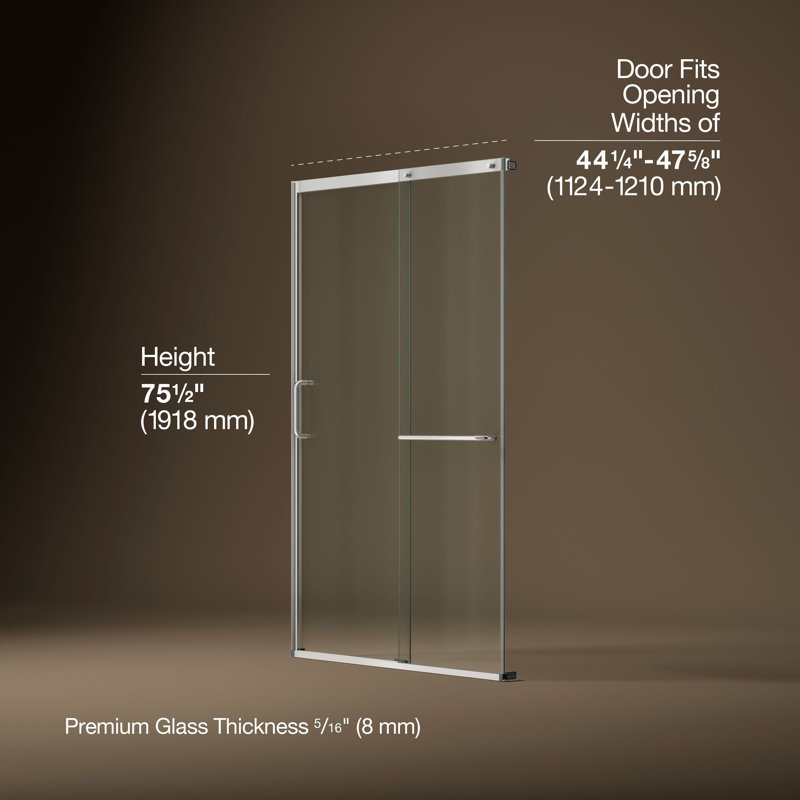 Elate Tall Sliding Shower Door, 75-1/2-In H X 44-1/4 - 47-5/8-In W, With Heavy 5/16-In Thick Crystal Clear Glass, Silver