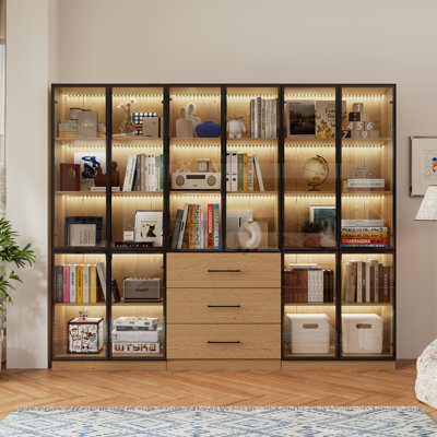 Vitrine de 94,5 po de largeur avec portes en verre, bibliothèque à 6 portes avec tiroirs, structure en métal et tablettes ouvertes
