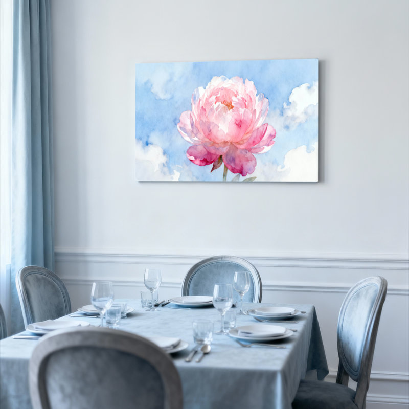 Ensemble de 1 tableau sur toile tendue, aquarelle de pivoine rose, H 16 po x l 24 po
