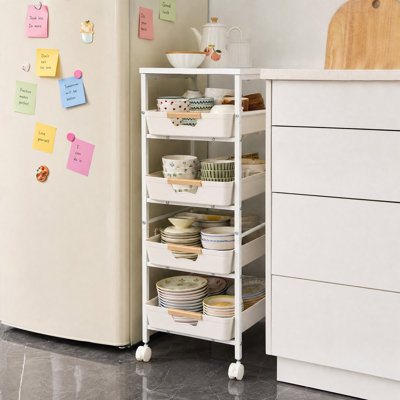 Slim 5-Tier Rolling Storage Cart with Wooden Top – Space-Saving Utility Organizer with Pull-Out Baskets & Wheels – Ideal for Kitchen, Bathroom, Pantry, Laundry – 32cm Wide MH-2532