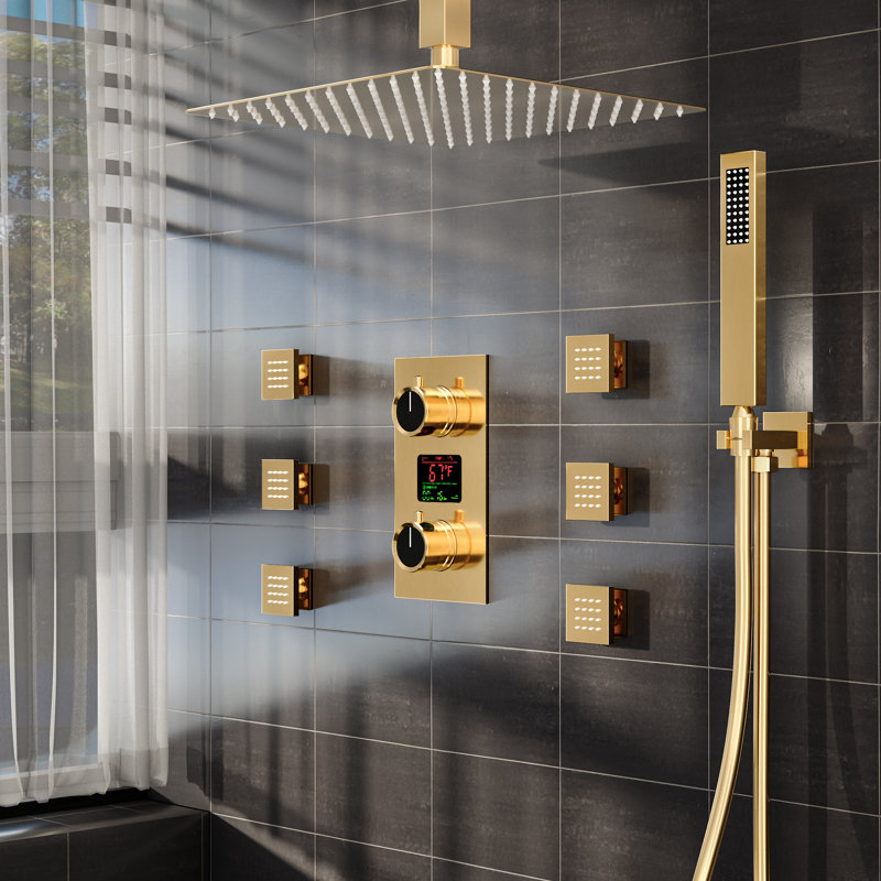 Digital Display Pressure‑Balanced Shower System, 12" Ceiling Mount Rainfall Shower Faucet with Handheld Spray, Brushed Gold